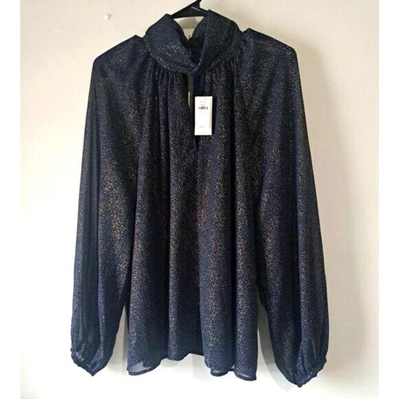 Banana republic womens xl blue gold hi neck keyhole glam top long sheer sleeve - Picture 1 of 6